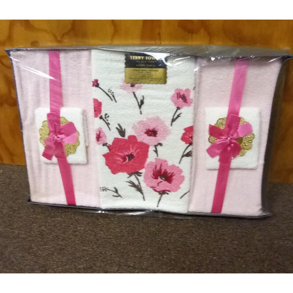 Vintage 70s 60s 5 pc Floral Pink White Towel Set NEW RETRO MCM Terry Town NEW